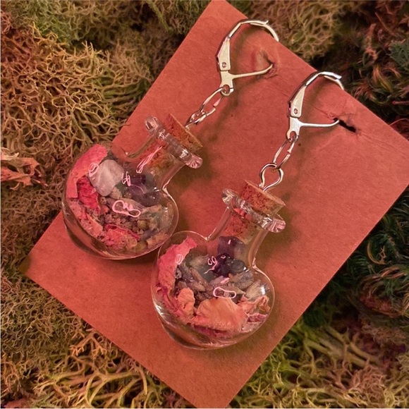 Earrings handmade Bottle Heart Love Herbal 
Rose Amethyst Salt Lavender witchy - Picture 1 of 10